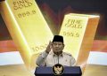 Presiden memberikan sambutan saat meresmikan layanan Bank Emas Pegadaian dan Bank Syariah Indonesia yang digelar di The Gade Tower, Jakarta, pada Rabu, 26 Februari 2025.